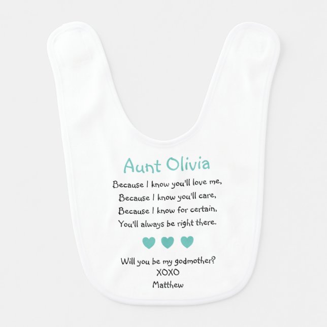 Turquoise Hearts Will You Be My Godmother Proposal Baby Bib (Front)