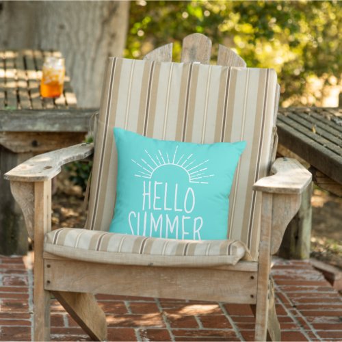 Turquoise Hello Summer Typography Home Decor  Outdoor Pillow
