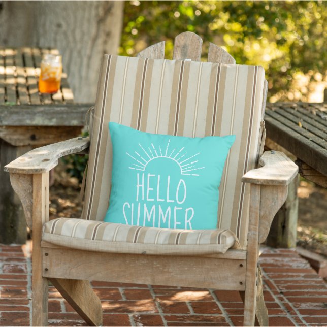 Turquoise Hello Summer Typography Home Decor  Outdoor Pillow (Chair)
