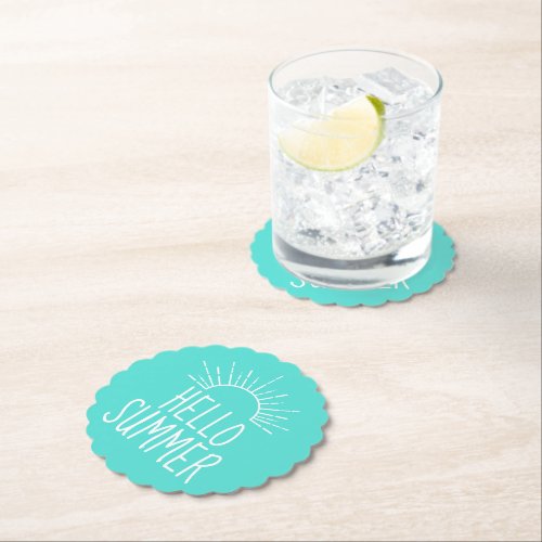 Turquoise Hello Summer Typography Home Decor  Paper Coaster