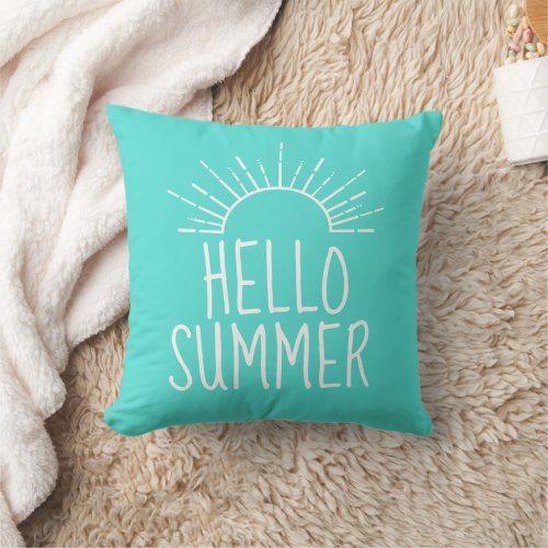 Turquoise Hello Summer Typography Home Decor  Throw Pillow