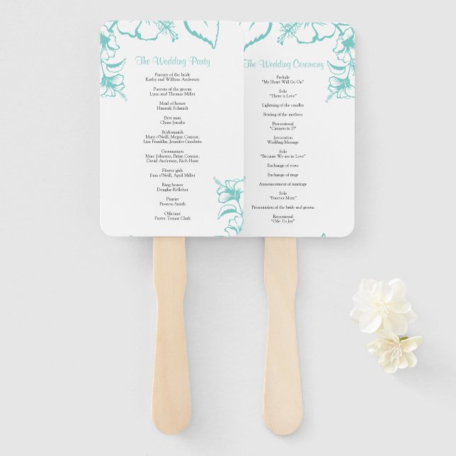Turquoise Hibiscus Flower Beach Wedding Program Hand Fan (Front and Back)