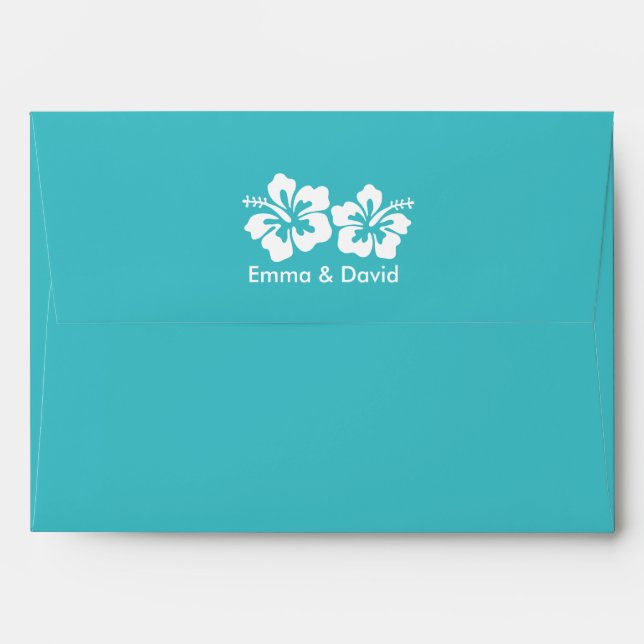 Turquoise Hibiscus Flowers Beach Wedding Envelopes (Back (Top Flap))