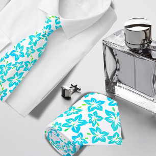 Turquoise Hibiscus Hawaiian pattern Neck Tie