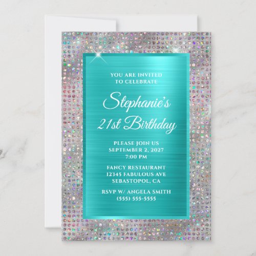Turquoise Holo Diamond Studded Foil 21st Birthday Invitation