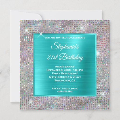 Turquoise Holograph Diamond Studded Foil Birthday Invitation