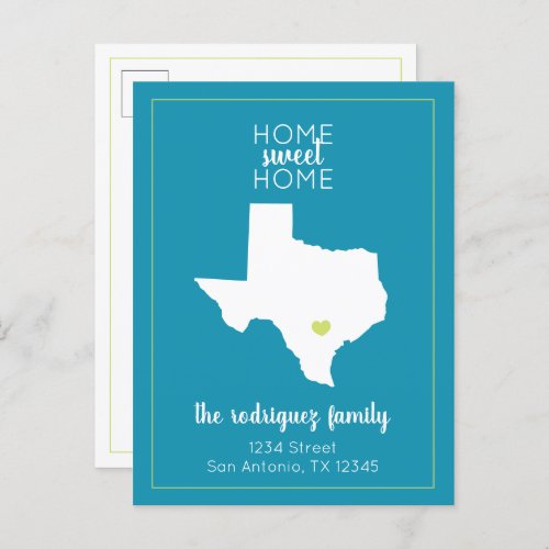 Turquoise Home Sweet Home _ Texas Moving Announcement Postcard