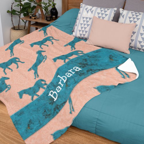 Turquoise Horse Pattern Personalized Fleece Blanket