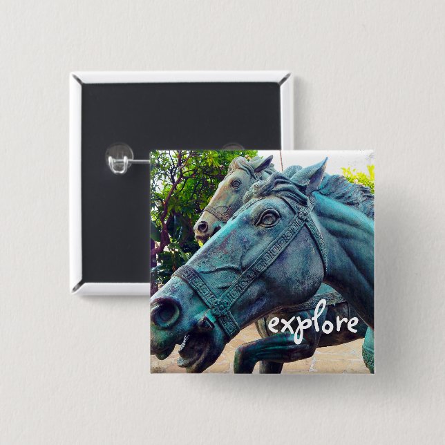 Turquoise Horses Antique Statue Explore Script Button (Front & Back)