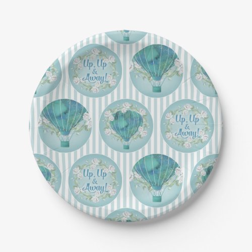 Turquoise Hot Air Balloon _ Aqua White Stripes Paper Plates