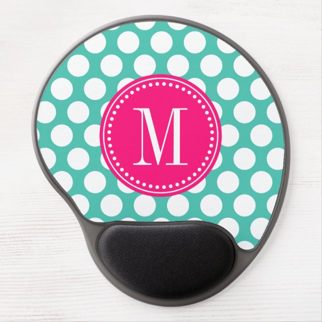 Turquoise & Hot Pink | Big Polka Dots Monogram Gel Mouse Pad (Front)