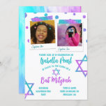 Turquoise, Hot Pink Glitter Polka Dots Bat Mitzvah Invitation<br><div class="desc">Glittery pink and turquoise Bat Mitzvah invitation with polka dots also has stars of David. Cute square photos with glitter artwork is a popular, cute look for your 13th birthday celebration. Easily upload your photos into the photo frames. The pink and aquamarine gradients are versatile for bat mitzvah color palettes...</div>
