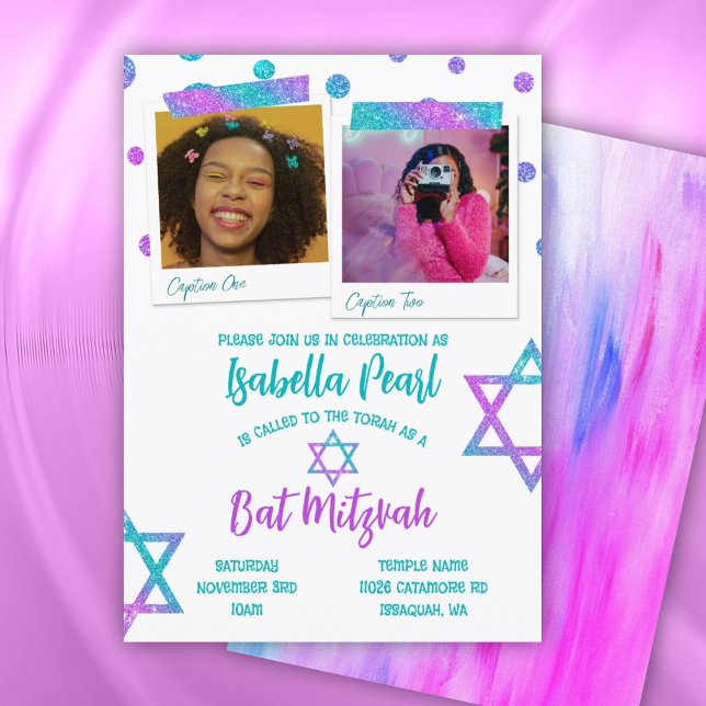 Turquoise, Hot Pink Glitter Polka Dots Bat Mitzvah Invitation (pink glitter bat mitzvah invitation with polka dots and star of david, cute photo collage turquoise)