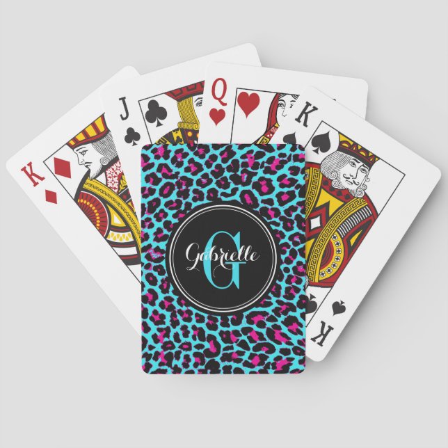 Turquoise Hot Pink Leopard Monogram Poker Cards (Back)