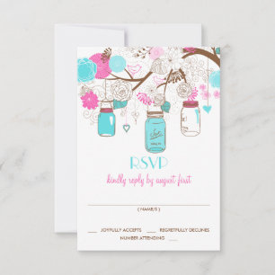 Turquoise & Hot Pink Mason Jars Wedding RSVP Card