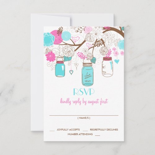Turquoise  Hot Pink Mason Jars Wedding RSVP Card