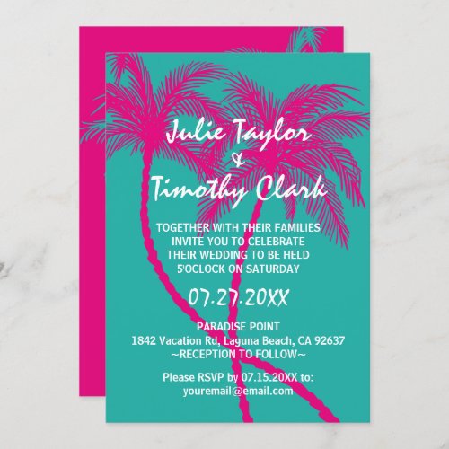 Turquoise  Hot Pink Palm Tree Wedding Invitations