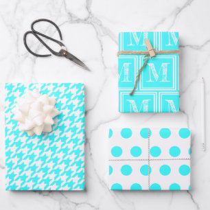 Turquoise Houndstooth Monogram Polka Dot Wrapping Paper Sheets