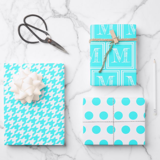 Turquoise Houndstooth Monogram Polka Dot Wrapping Paper Sheets (Front)