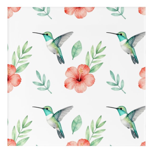 Turquoise Hummingbird Hibiscus Pattern Acrylic Print (Front)