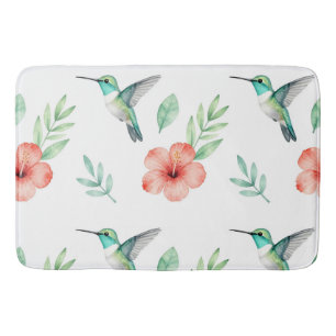 Turquoise Hummingbird Hibiscus Pattern Bath Mat
