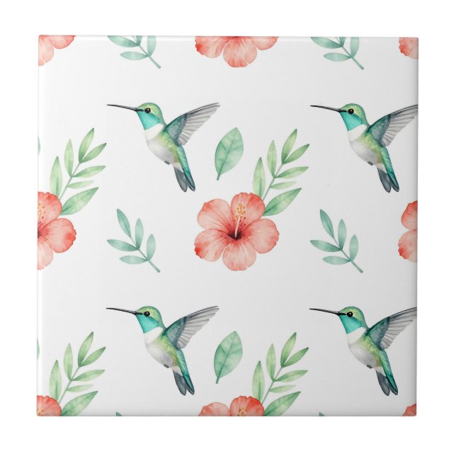 Turquoise Hummingbird Hibiscus Pattern Ceramic Tile (Front)