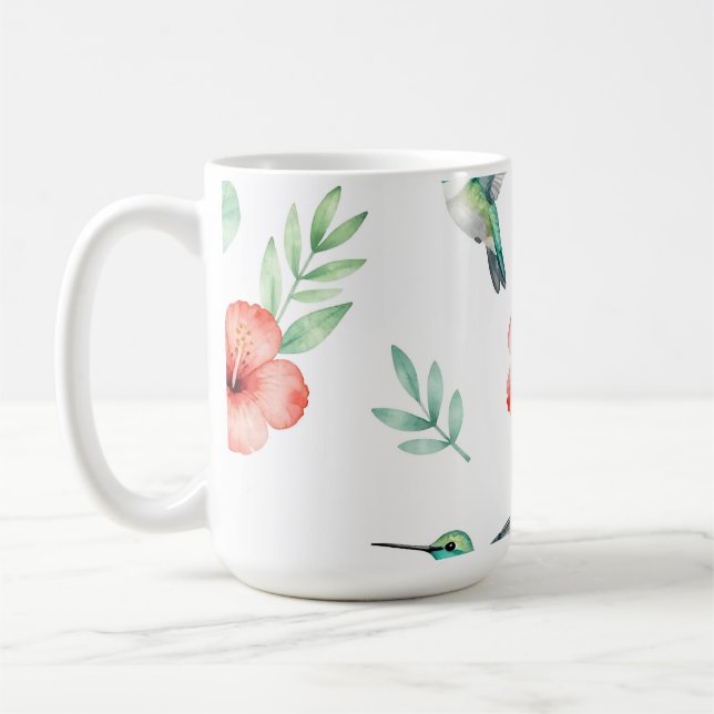 Turquoise Hummingbird Hibiscus Pattern Coffee Mug (Left)