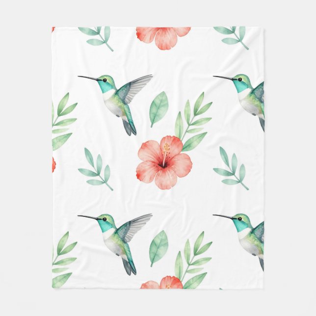 Turquoise Hummingbird Hibiscus Pattern Fleece Blanket (Front)