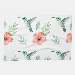 Turquoise Hummingbird Hibiscus Pattern Kitchen Towel
