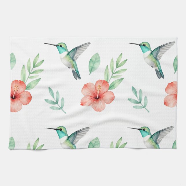 Turquoise Hummingbird Hibiscus Pattern Kitchen Towel (Horizontal)