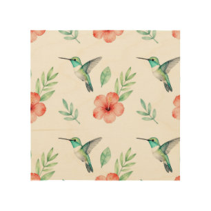 Turquoise Hummingbird Hibiscus Pattern Wood Wall Art