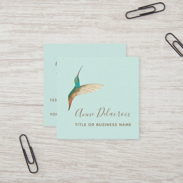 Turquoise Hummingbird Square Business Card (Front/Back In Situ)