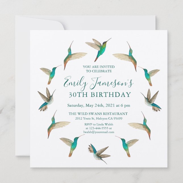 Turquoise Hummingbirds Birthday Invitation (Front)