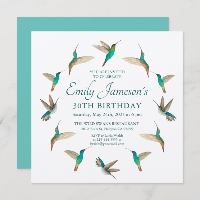 Turquoise Hummingbirds Birthday Invitation (Front/Back)