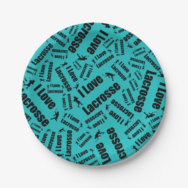 Turquoise I love lacrosse Paper Plates (Front)