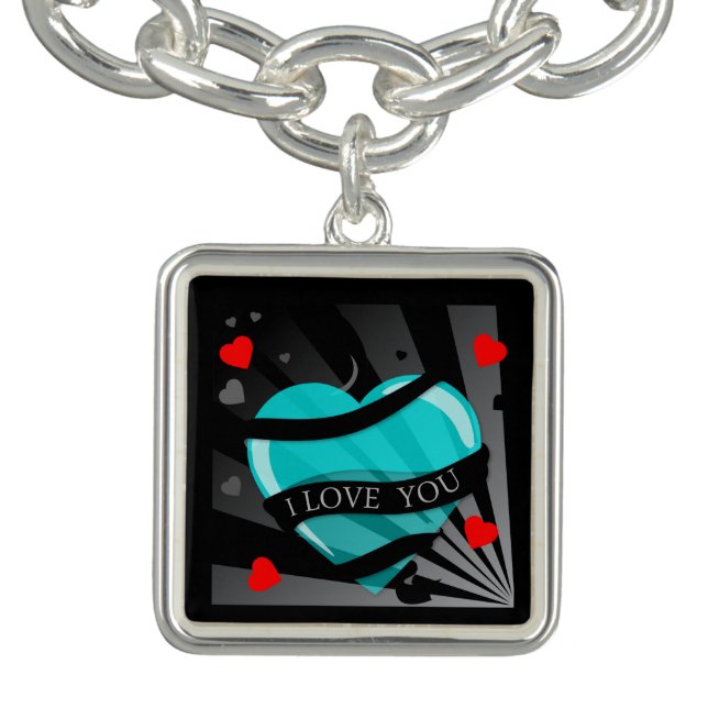 Turquoise I Love You Heart Silver Charm Bracelet (Design)