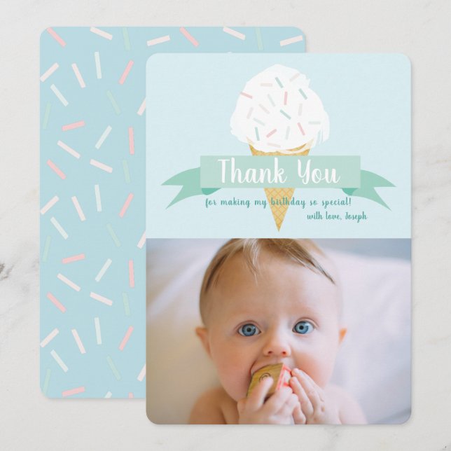 Turquoise Ice Cream Birthday Photo Thank You Card (Front/Back)