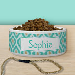 Turquoise Ikat Pattern With Name Bowl<br><div class="desc">Stylish diamond ikat pattern in teal turquoise and beige color scheme together with a personalizable text area for a pet's name or other custom text such as "dinner" or "water",  for example.</div>