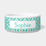Turquoise Ikat Pattern With Name Bowl<br><div class="desc">Stylish diamond ikat pattern in teal turquoise and beige color scheme together with a personalizable text area for a pet's name or other custom text such as "dinner" or "water",  for example.</div>