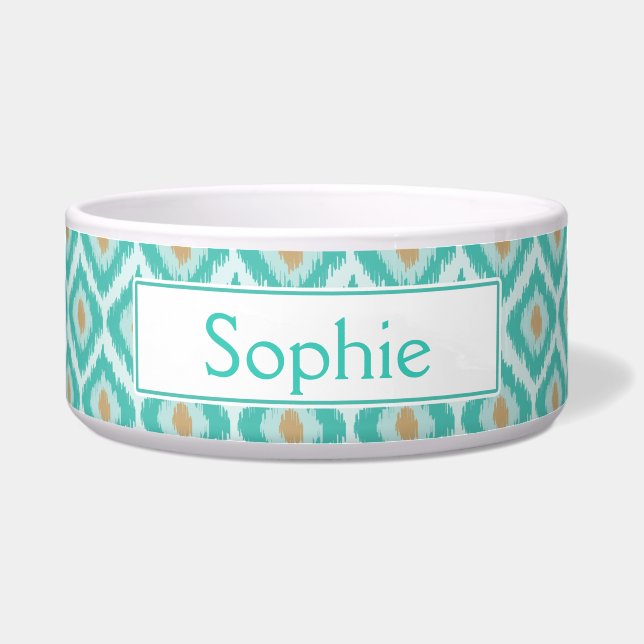 Turquoise Ikat Pattern With Name Bowl (Front)