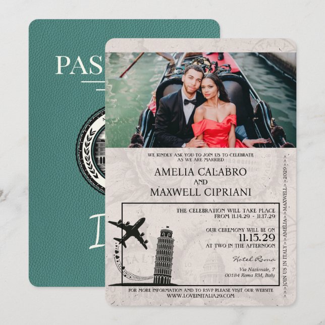 Turquoise Italy Passport Wedding Invitation (Front/Back)