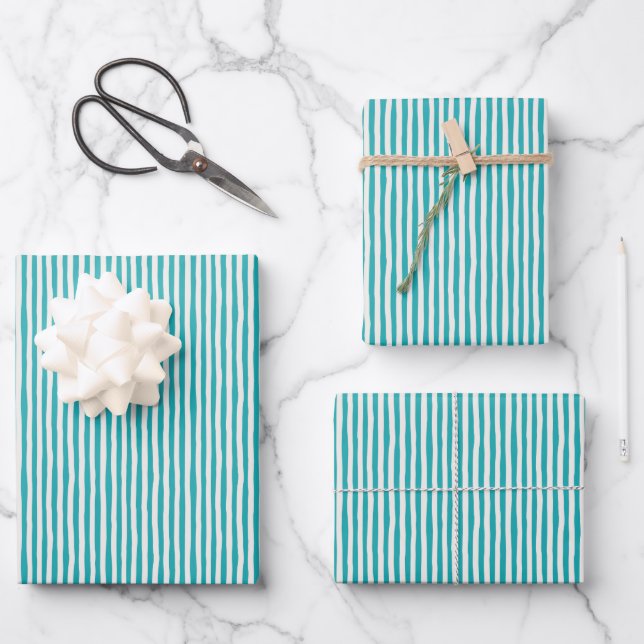Turquoise & Ivory Wonky Stripes Wrapping Paper Sheets (Front)
