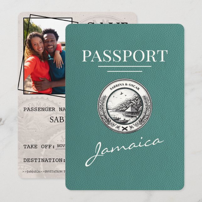 Turquoise Jamaica Passport Save The Date (Front/Back)