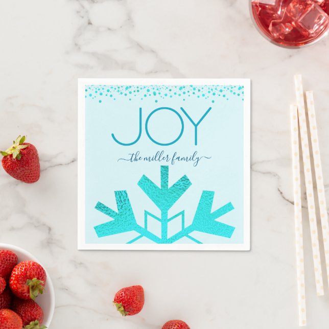 Turquoise Joy Holiday Snowflake Modern Typography Napkins (Insitu)