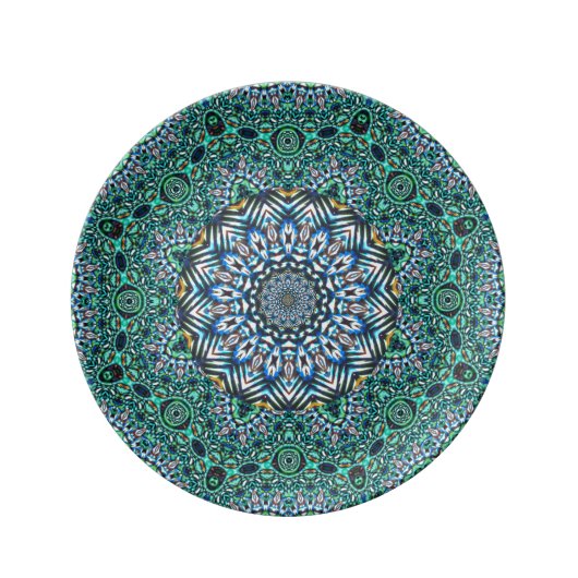 Turquoise Kaleidoscopic Mosaic Reflections Design Dinner Plate (Front)