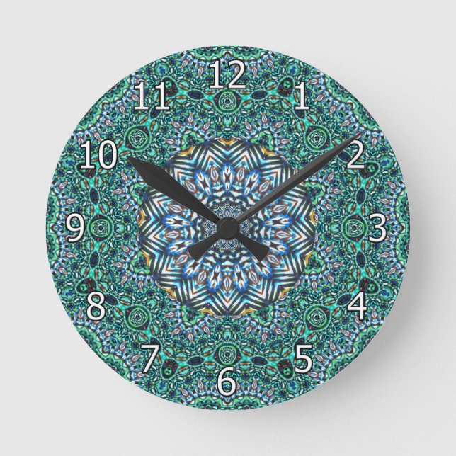 Turquoise Kaleidoscopic Mosaic Reflections Design Round Clock (Front)
