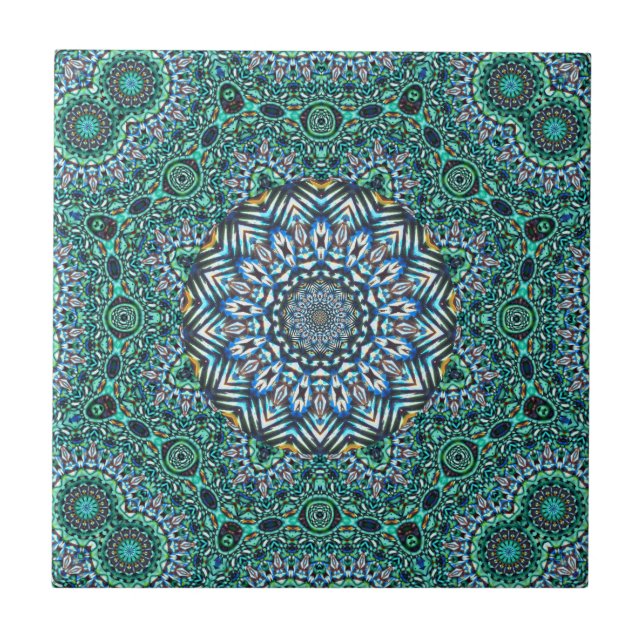 Turquoise Kaleidoscopic Mosaic Reflections Design Tile (Front)