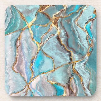 Turquoise Kintsugi Geode, Blue Gold Ocean Beverage Coaster