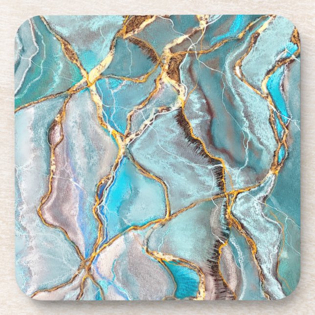 Turquoise Kintsugi Geode, Blue Gold Ocean Beverage Coaster (Front)
