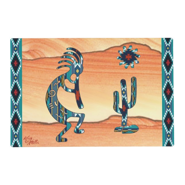 Turquoise Kokopelli And Cactus Placemat (Front)